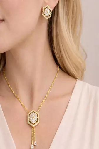 Gold hexagon diamond necklace and stud earrings set