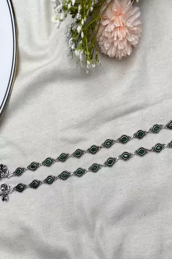 Green stone silver anklet, oxidized indian payal, boho ankle bracelet for women