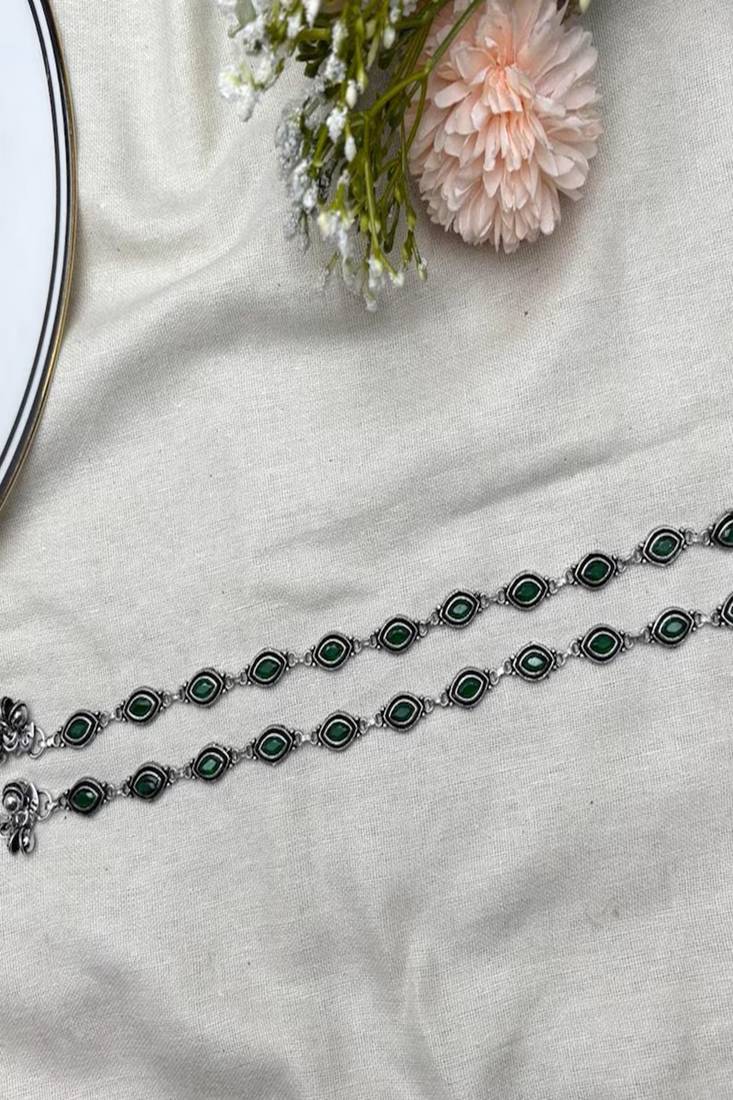 Green stone silver anklet, oxidized indian payal, boho ankle bracelet for women
