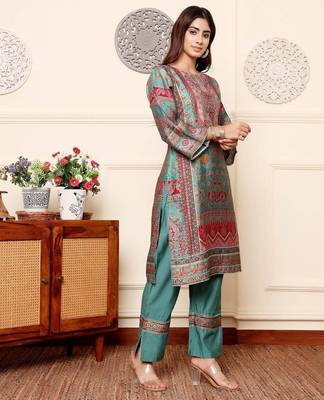 Ethnic Motifs Printed Chanderi Silk Tunic With Trousers 5