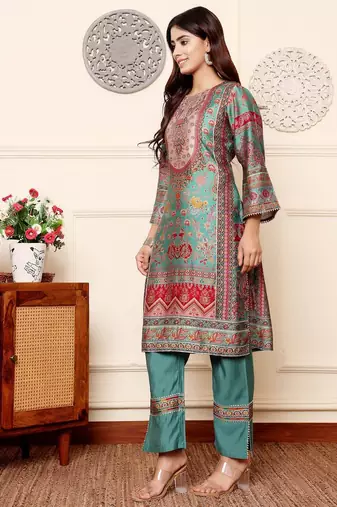 Ethnic Motifs Printed Chanderi Silk Tunic With Trousers