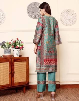 Ethnic Motifs Printed Chanderi Silk Tunic With Trousers 7