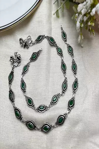 Green stone silver anklet, oxidized indian payal, boho ankle bracelet for women