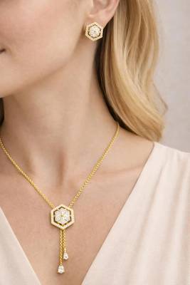 Gold hexagon diamond necklace and stud earrings set 3