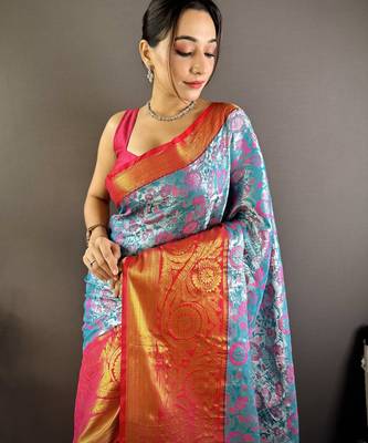 teal tissue silk blend kanjeevaram zari woven saree with unstitched blouse piece. 1