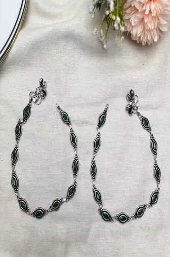 Green stone silver anklet, oxidized indian payal, boho ankle bracelet for women