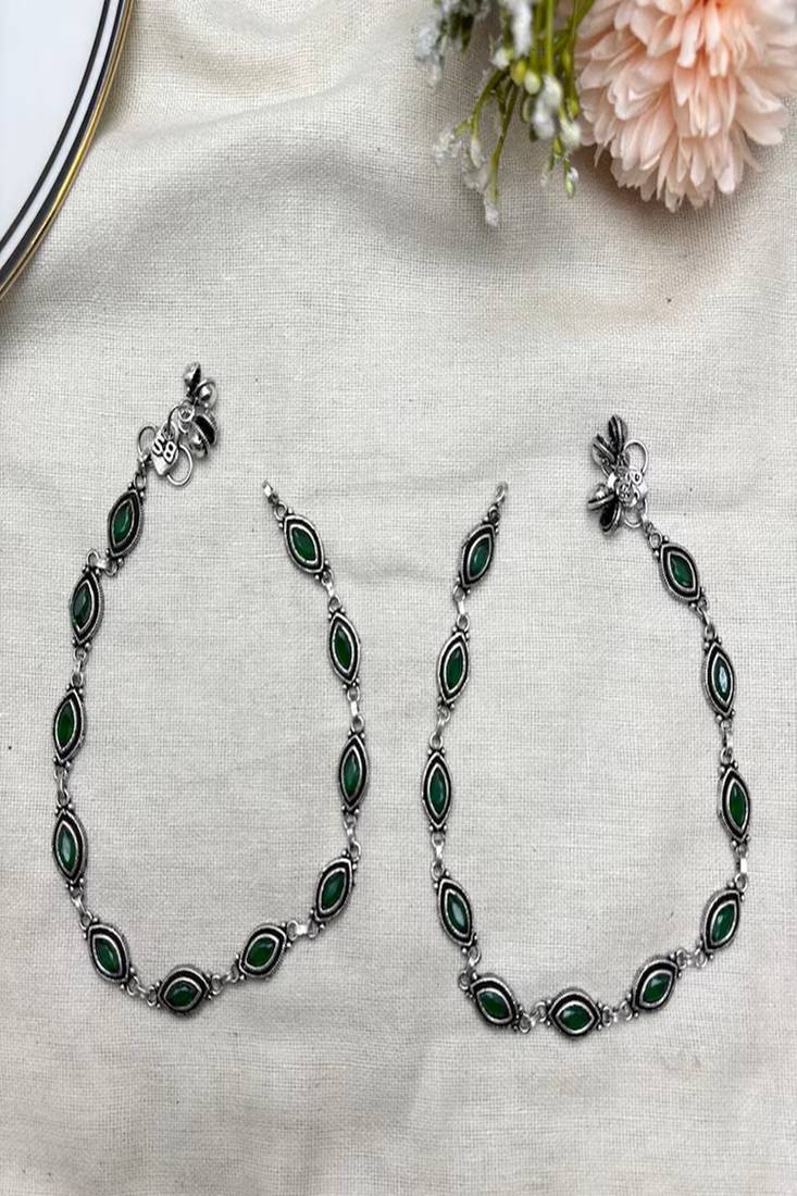 Green stone silver anklet, oxidized indian payal, boho ankle bracelet for women