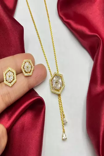 Gold hexagon diamond necklace and stud earrings set