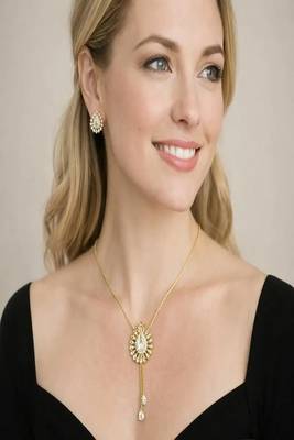 Gold teardrop crystal bridal jewelry set, minimalist tassel pendant necklace earrings 1