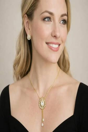 Gold teardrop crystal bridal jewelry set, minimalist tassel pendant necklace earrings
