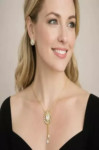 Gold teardrop crystal bridal jewelry set, minimalist tassel pendant necklace earrings