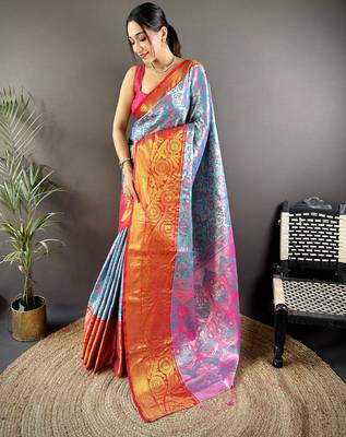 teal tissue silk blend kanjeevaram zari woven saree with unstitched blouse piece. 2