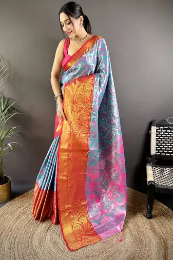 teal tissue silk blend kanjeevaram zari woven saree with unstitched blouse piece.