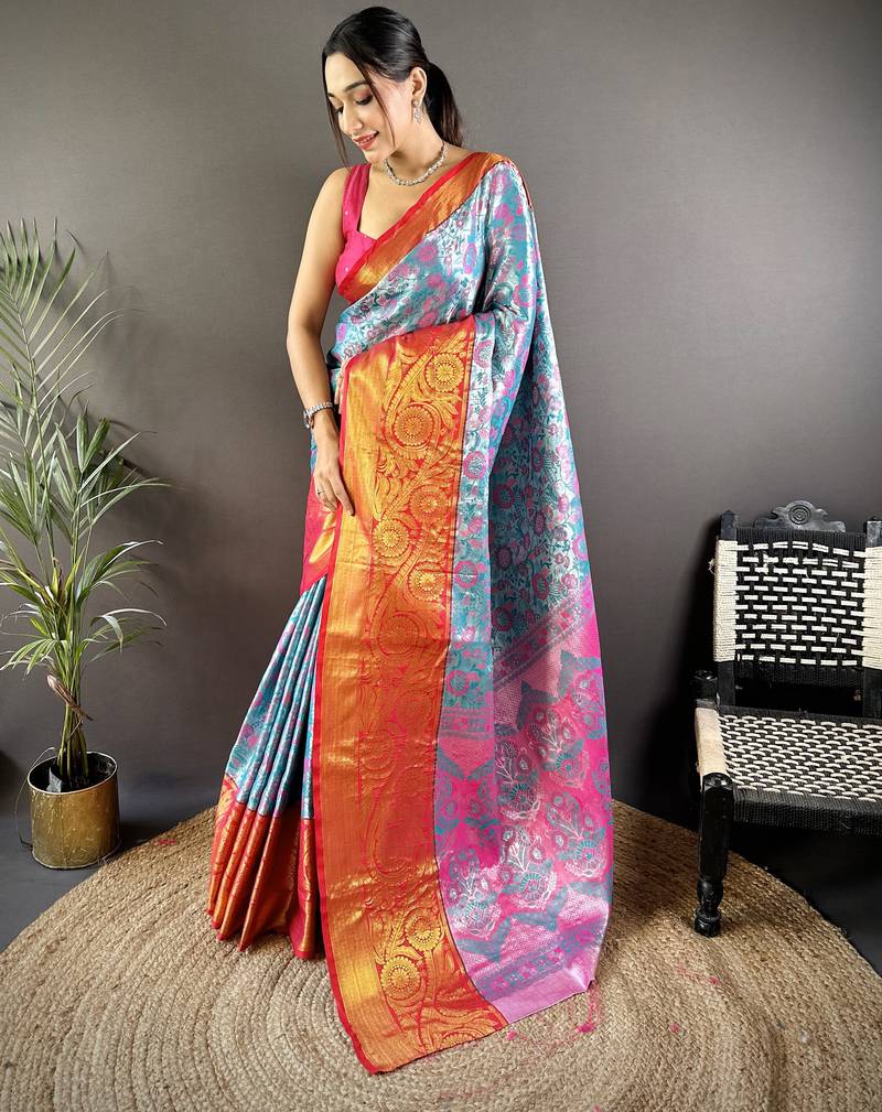 teal tissue silk blend kanjeevaram zari woven saree with unstitched blouse piece.