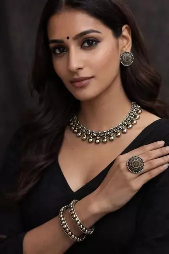 Indian oxidized jewelry set dual tone, boho tribal necklace earrings bangles ring set of 4