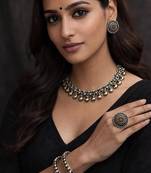 Indian oxidized jewelry set dual tone, boho tribal necklace earrings bangles ring set of 4