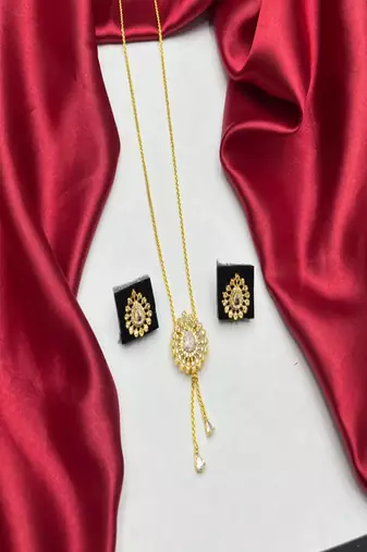 Gold teardrop crystal bridal jewelry set, minimalist tassel pendant necklace earrings