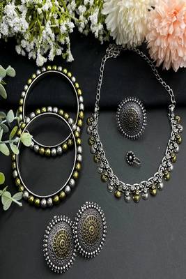 Indian oxidized jewelry set dual tone, boho tribal necklace earrings bangles ring set of 4 2