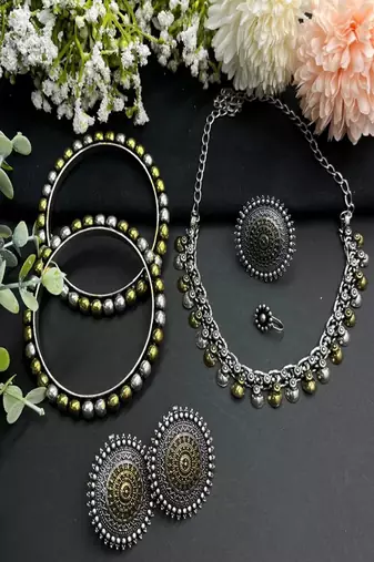 Indian oxidized jewelry set dual tone, boho tribal necklace earrings bangles ring set of 4