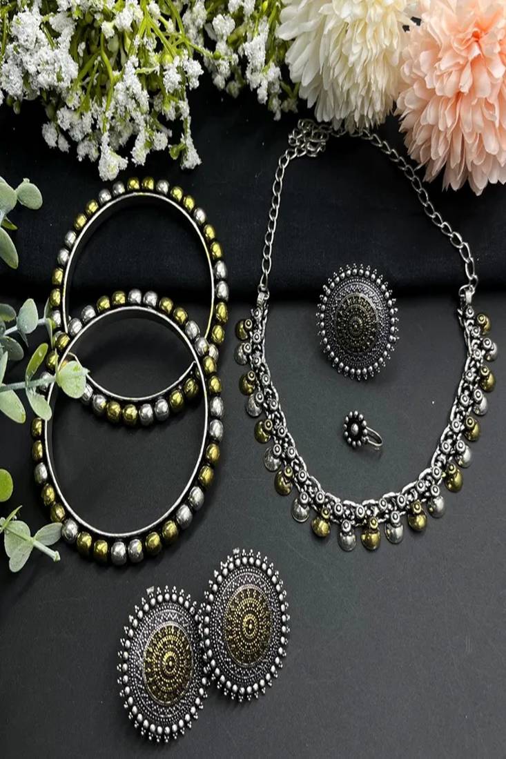 Indian oxidized jewelry set dual tone, boho tribal necklace earrings bangles ring set of 4