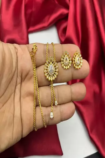 Gold teardrop crystal bridal jewelry set, minimalist tassel pendant necklace earrings