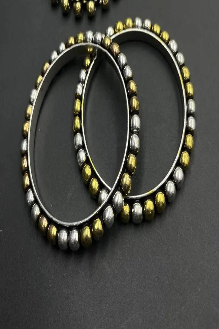 Indian oxidized jewelry set dual tone, boho tribal necklace earrings bangles ring set of 4