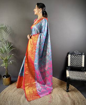 teal tissue silk blend kanjeevaram zari woven saree with unstitched blouse piece. 3