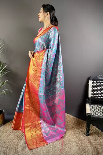 teal tissue silk blend kanjeevaram zari woven saree with unstitched blouse piece.