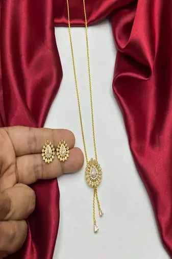 Gold teardrop crystal bridal jewelry set, minimalist tassel pendant necklace earrings