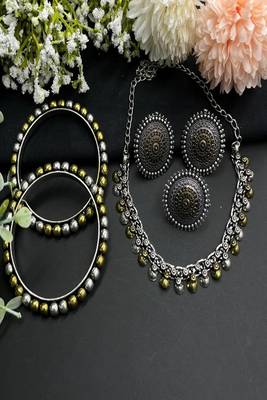 Indian oxidized jewelry set dual tone, boho tribal necklace earrings bangles ring set of 4 4