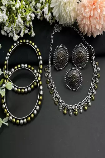 Indian oxidized jewelry set dual tone, boho tribal necklace earrings bangles ring set of 4