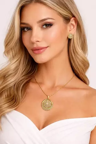 Gold filigree medallion jewelry set: concentric circles, lattice design necklace, earrings