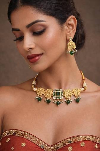 Emerald green kundan choker set | gold indian bridal jewelry