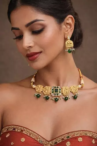 Emerald green kundan choker set | gold indian bridal jewelry