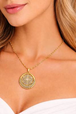 Gold filigree medallion jewelry set: concentric circles, lattice design necklace, earrings 2