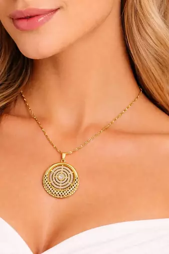 Gold filigree medallion jewelry set: concentric circles, lattice design necklace, earrings