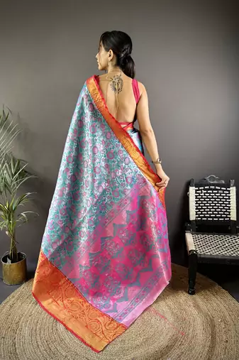 teal tissue silk blend kanjeevaram zari woven saree with unstitched blouse piece.