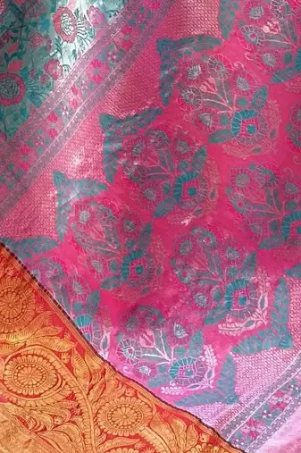 teal tissue silk blend kanjeevaram zari woven saree with unstitched blouse piece.