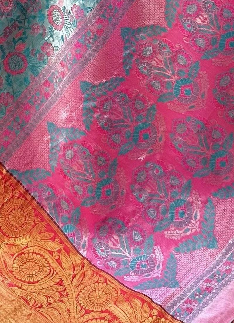teal tissue silk blend kanjeevaram zari woven saree with unstitched blouse piece.