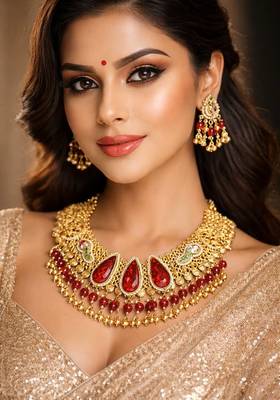 Antique gold kundan choker necklace set with ruby red stones 1