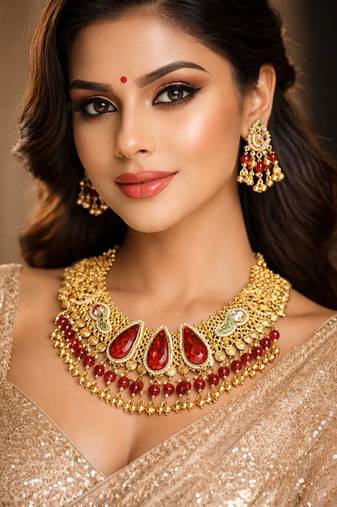 Antique gold kundan choker necklace set with ruby red stones