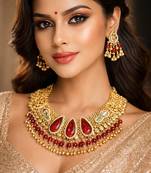 Antique gold kundan choker necklace set with ruby red stones