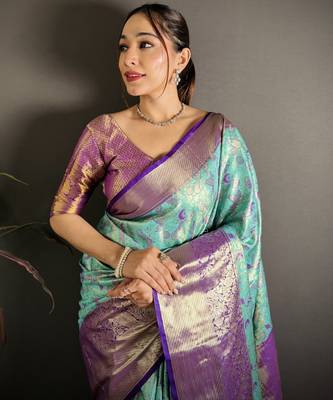 blue kanjeevaram silk blend zari woven saree with unstitched blouse piece. 1