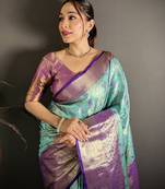 blue kanjeevaram silk blend zari woven saree with unstitched blouse piece.