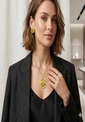 Gold plated sunburst jewelry set: floral pendant necklace, black stone earrings 1