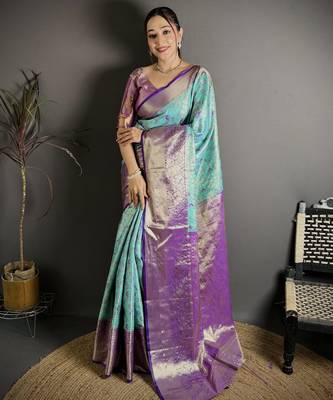 blue kanjeevaram silk blend zari woven saree with unstitched blouse piece. 2