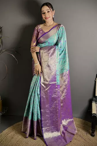blue kanjeevaram silk blend zari woven saree with unstitched blouse piece.