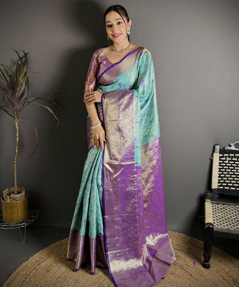 blue kanjeevaram silk blend zari woven saree with unstitched blouse piece.