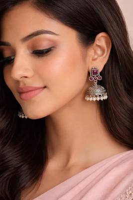 Pink stone oxidized jhumka earrings | silver boho pearl drop jhumki 1