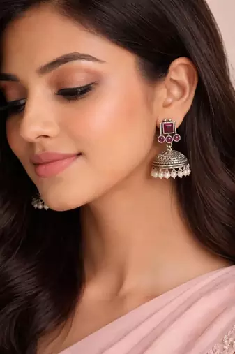 Pink stone oxidized jhumka earrings | silver boho pearl drop jhumki